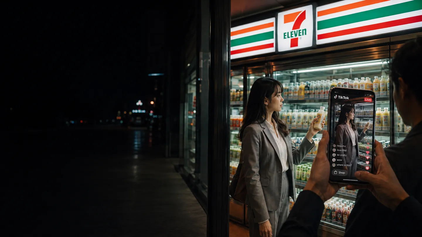 ภาพแนวคิดต้นฉบับ: หญิงวัยทำงานชาวไทยเลือกเครื่องดื่มใน 7-Eleven พร้อมหน้าจอ TikTok LIVE บนโทรศัพท์ด้านหน้า